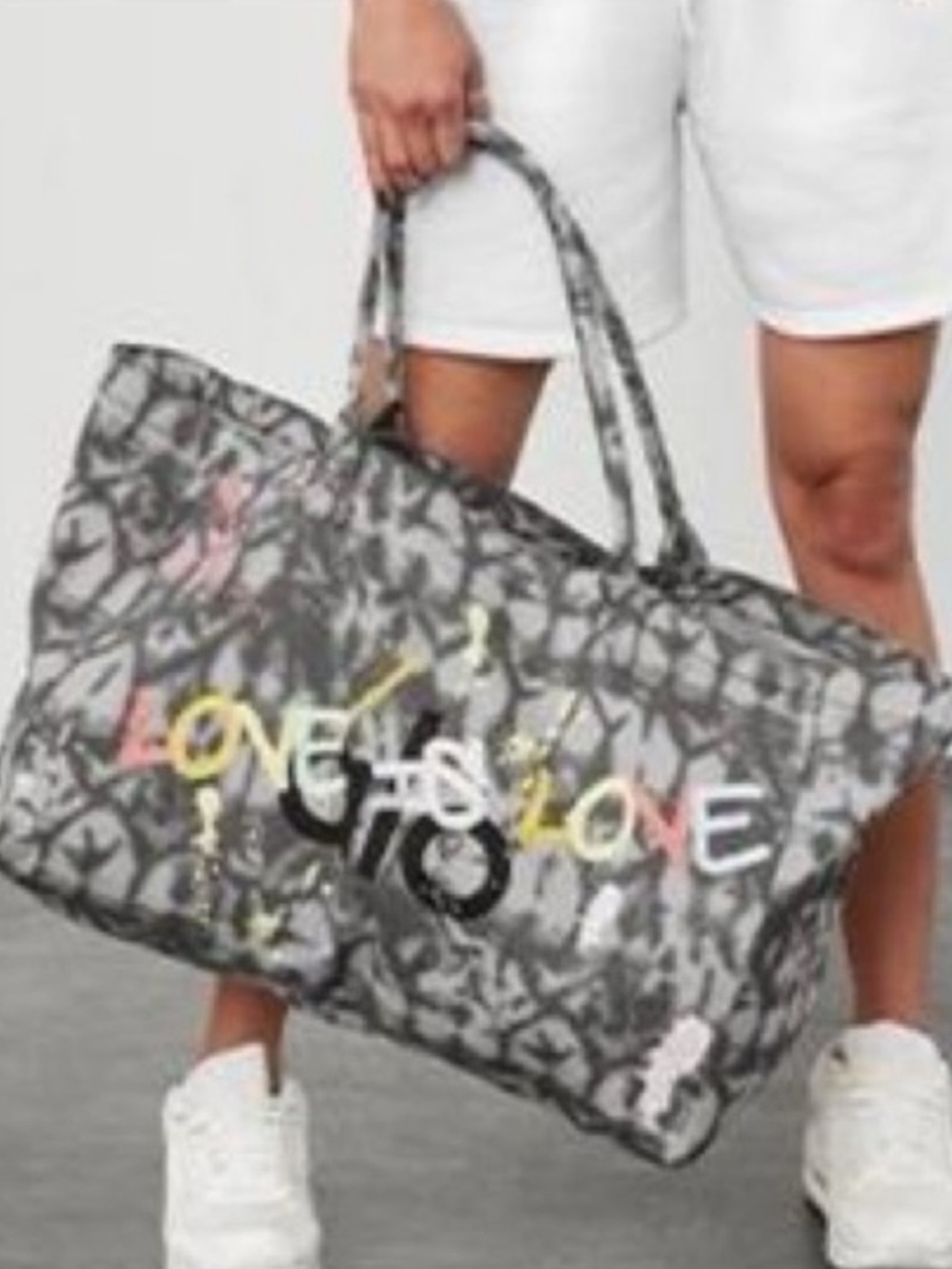 ALO YOGA LOVE IS LOVE Gray Graphic Tote Bag with Multicolor 'Love' Script